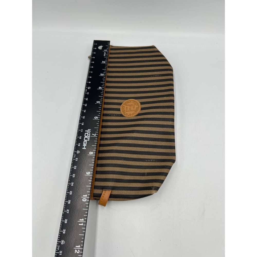 Fendi Pequin Striped Canvas Leather Cosmetic Pouch Bag Brown Black Vintage Italy - Picture 8 of 8